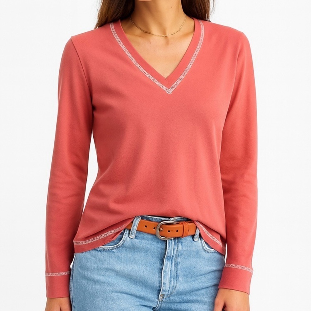 Izod Long Sleeve T-shirt V-neck Seamed Details Stretchy Jersey Fabric Coral M